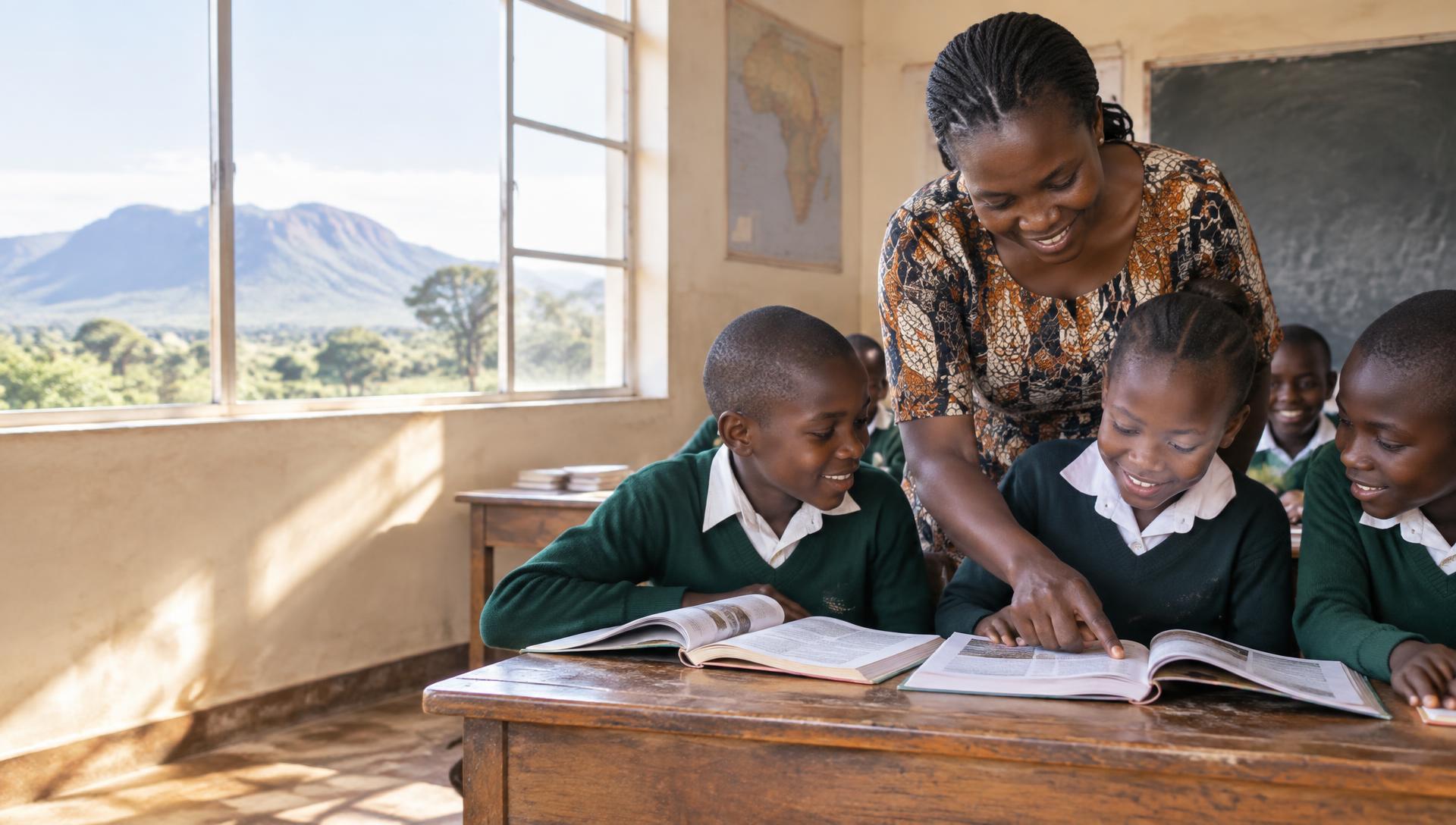 Teacher helping pupils read